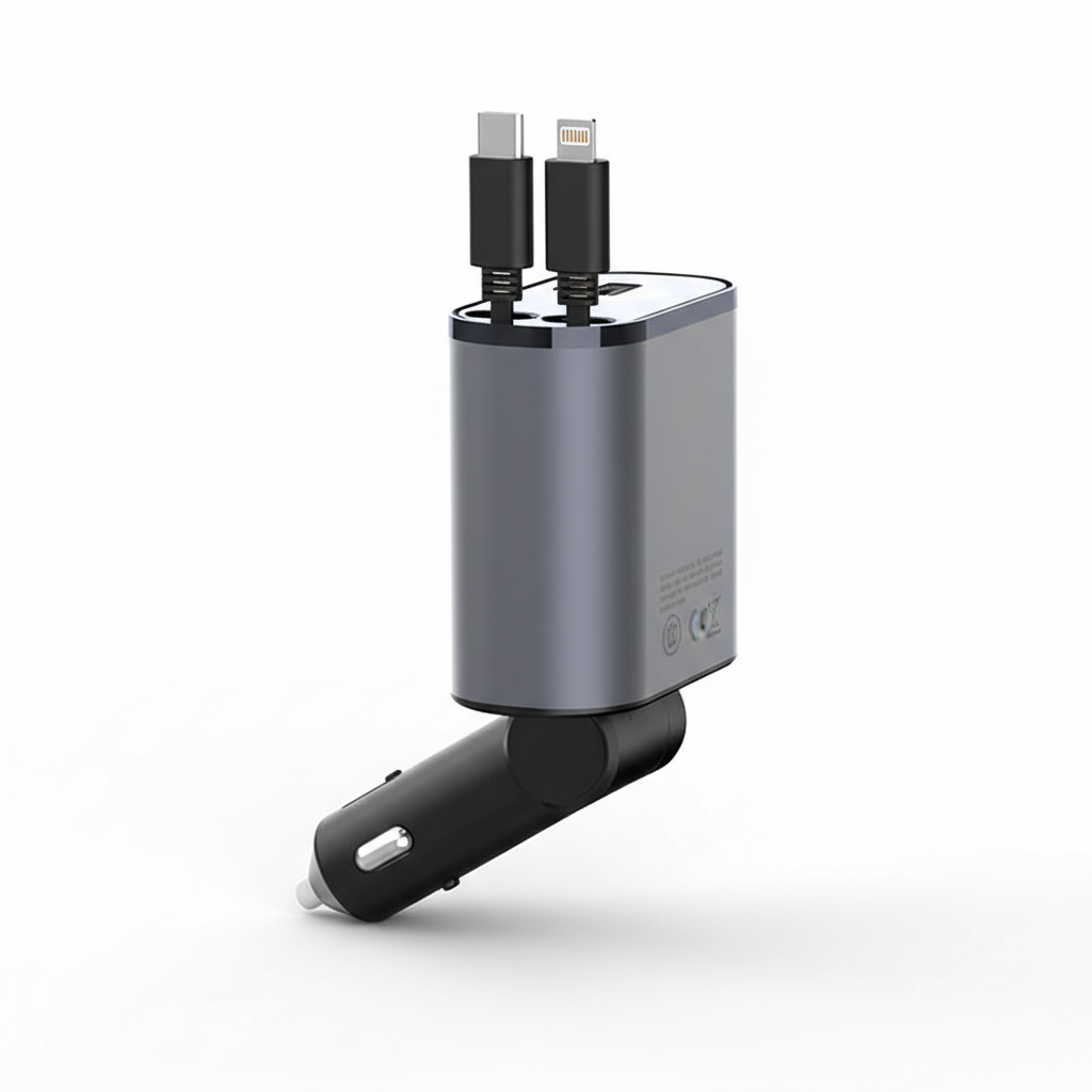 MEELANO Foldbar Billader – Biloplader med 2 Kabler, USB-C og iPhone, 80 cm, til Samsung, iPhone & Huawei – PowerCharge