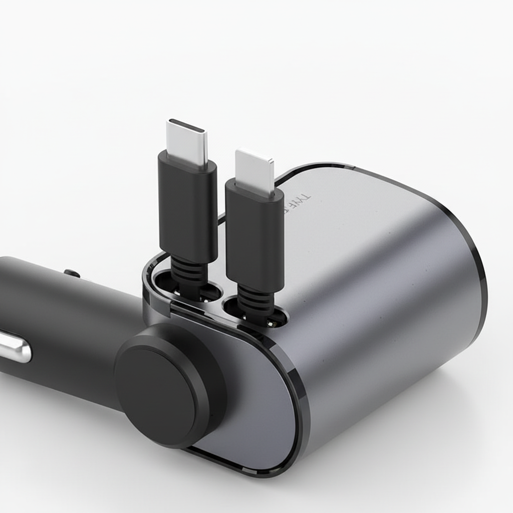 MEELANO Foldbar Billader – Biloplader med 2 Kabler, USB-C og iPhone, 80 cm, til Samsung, iPhone & Huawei – PowerCharge