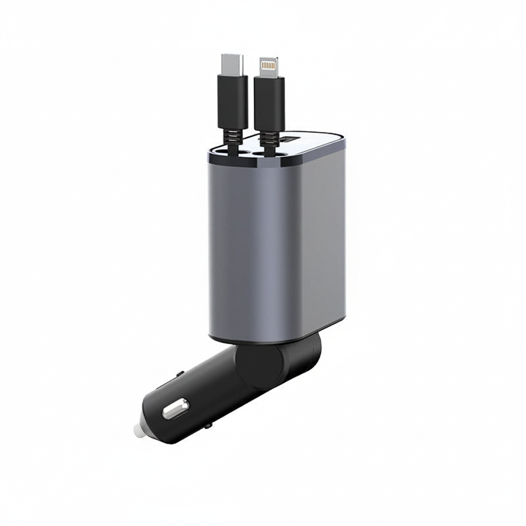 MEELANO Foldbar Billader – Biloplader med 2 Kabler, USB-C og iPhone, 80 cm, til Samsung, iPhone & Huawei – PowerCharge USB-C + iPhone