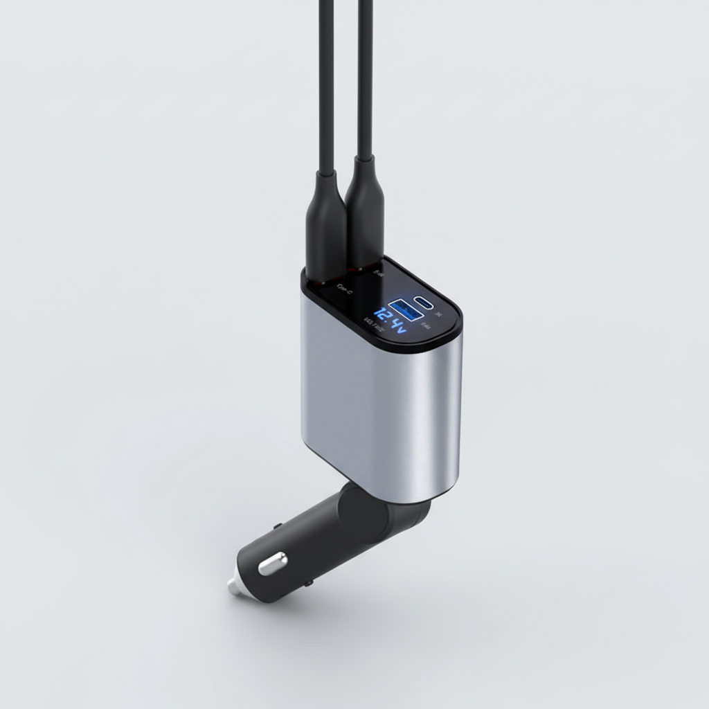 MEELANO Foldbar Billader – Biloplader med 2 Kabler, USB-C og iPhone, 80 cm, til Samsung, iPhone & Huawei – PowerCharge 2 USB-C-porte