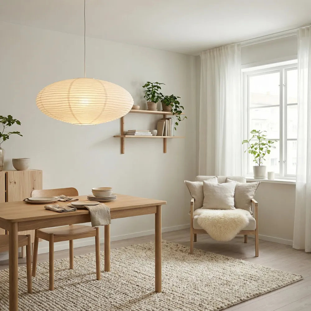 Papirlampe Pendel – Rund Papir Loftlampe med E27 Fatning & Justerbart Kabel, til Spisebord & Stue, Ø 50 eller 60 cm