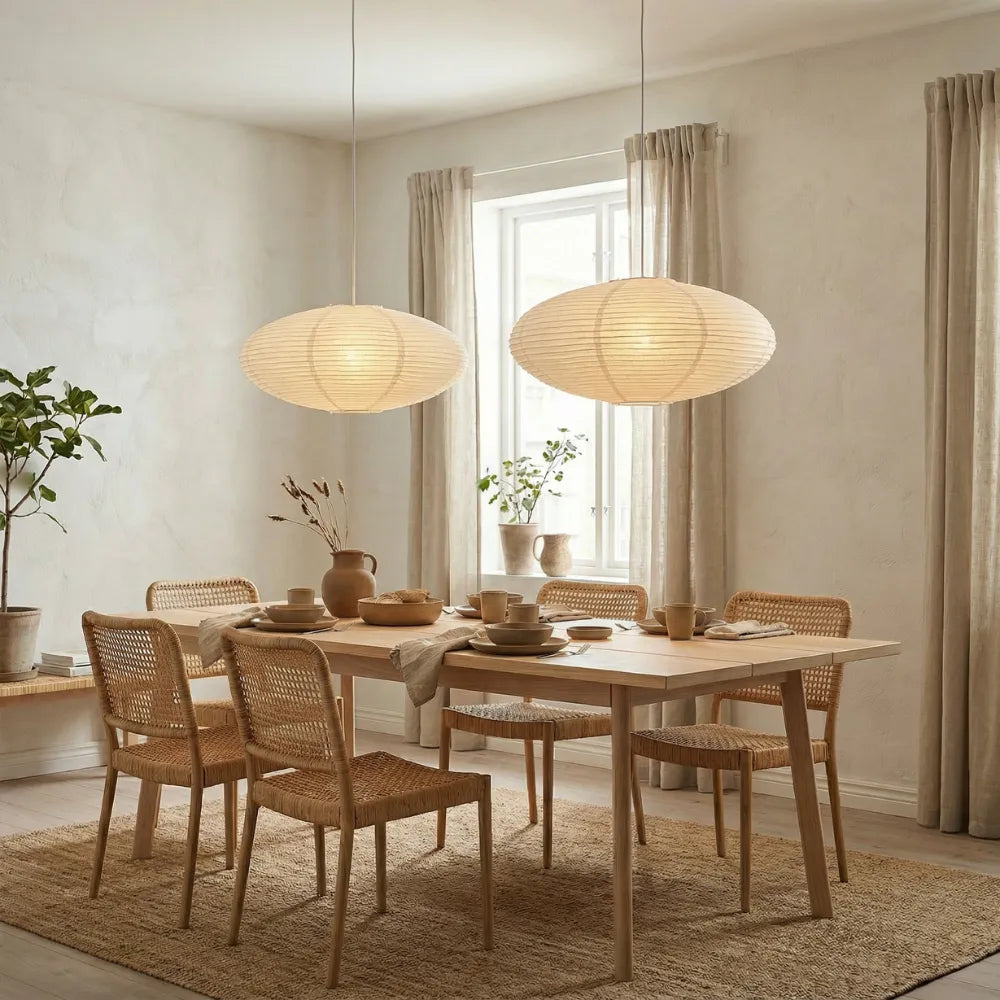 Papirlampe Pendel – Rund Papir Loftlampe med E27 Fatning & Justerbart Kabel, til Spisebord & Stue, Ø 50 eller 60 cm