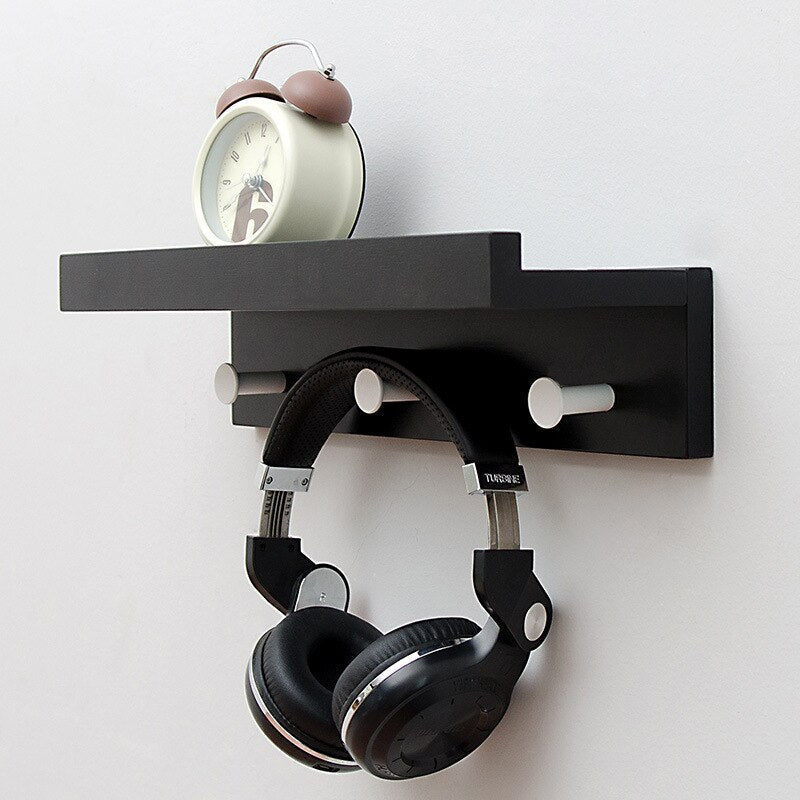 MEELANO Væghylde Træ med Hængere til Jakker og Dekoration – Multifunktionel 3 kroge Sort