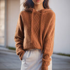 MEELANO Pamelo | Dame Sweater med Hætte i Snoningsmønster - Varm Striktrøje Brun
