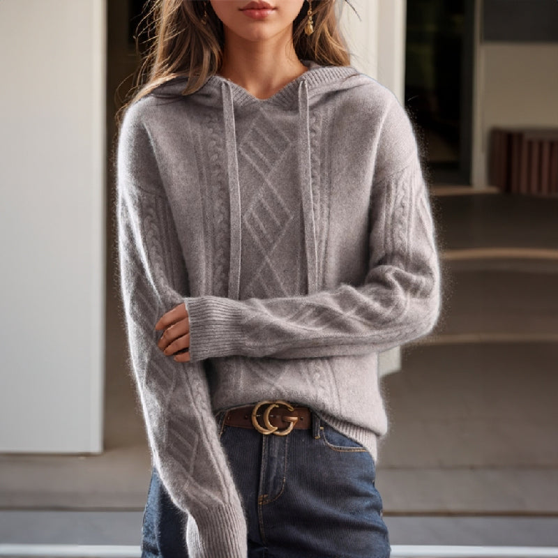 MEELANO Pamelo | Dame Sweater med Hætte i Snoningsmønster - Varm Striktrøje Grå
