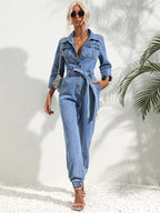 MEELANO Lækkert Denim Jumpsuit Med Bælte Og Lange Ærmer Til Damer