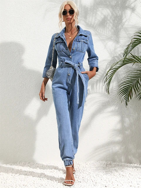 MEELANO Lækkert Denim Jumpsuit Med Bælte Og Lange Ærmer Til Damer Jeansblå