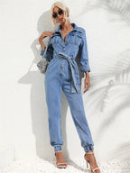 MEELANO Lækkert Denim Jumpsuit Med Bælte Og Lange Ærmer Til Damer
