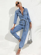 MEELANO Lækkert Denim Jumpsuit Med Bælte Og Lange Ærmer Til Damer