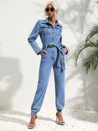 MEELANO Lækkert Denim Jumpsuit Med Bælte Og Lange Ærmer Til Damer