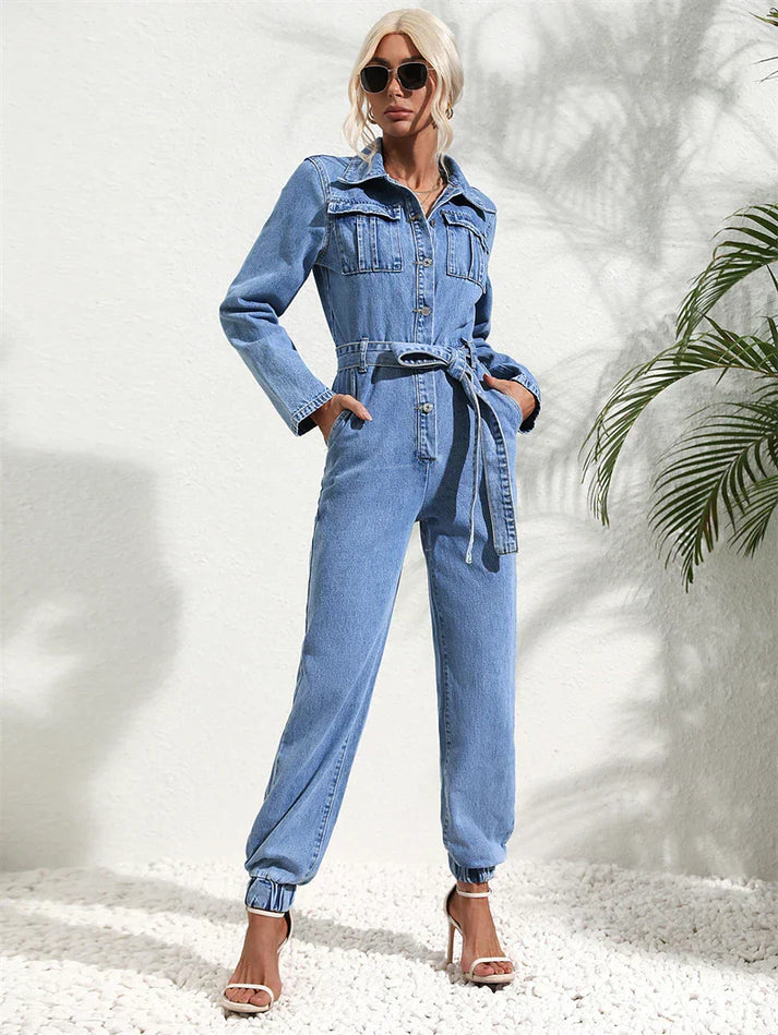 MEELANO Lækkert Denim Jumpsuit Med Bælte Og Lange Ærmer Til Damer