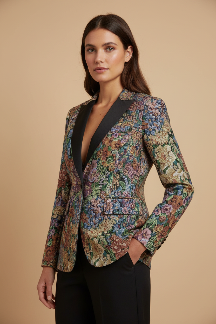 MEELANO Vintage Blazer Med Blomsterprint I Tekstureret Stof