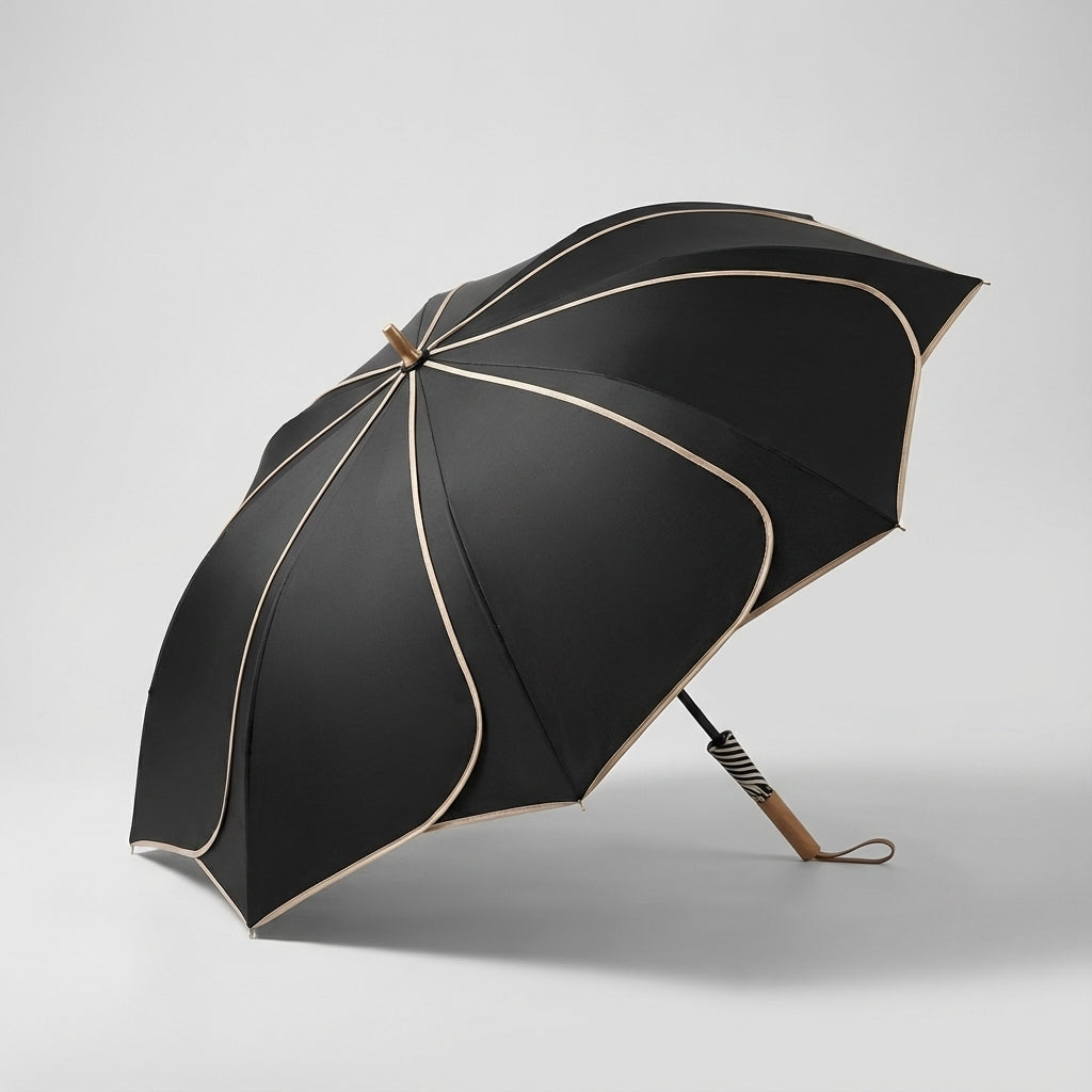 MEELANO Dameparaply med Blomsterform – Foldbar Paraply med Træhåndtag, UV-resistent & Vandafvisende Belægning, 100 cm – 6 Farver Sort