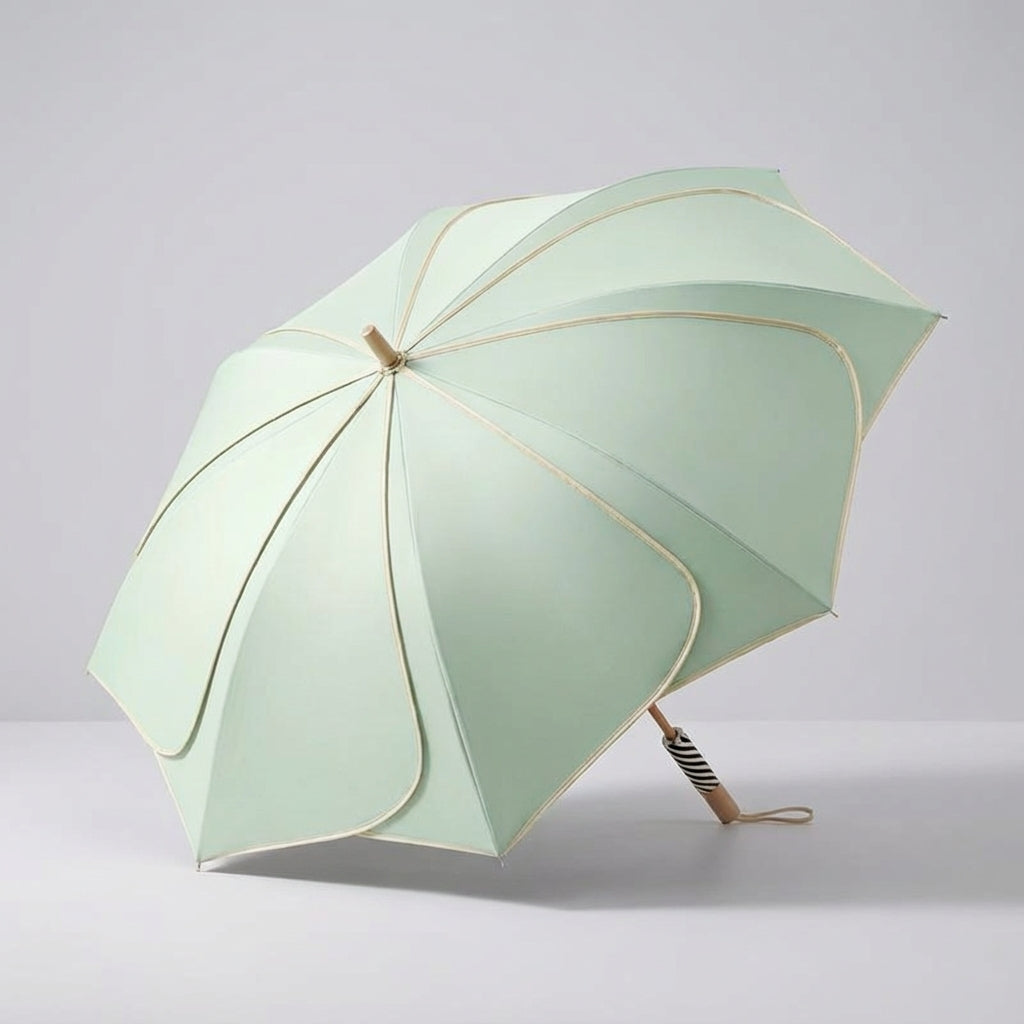 MEELANO Dameparaply med Blomsterform – Foldbar Paraply med Træhåndtag, UV-resistent & Vandafvisende Belægning, 100 cm – 6 Farver Grøn