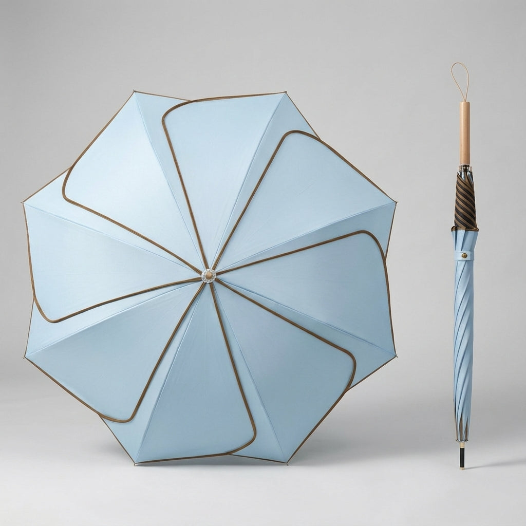 MEELANO Dameparaply med Blomsterform – Foldbar Paraply med Træhåndtag, UV-resistent & Vandafvisende Belægning, 100 cm – 6 Farver Blå