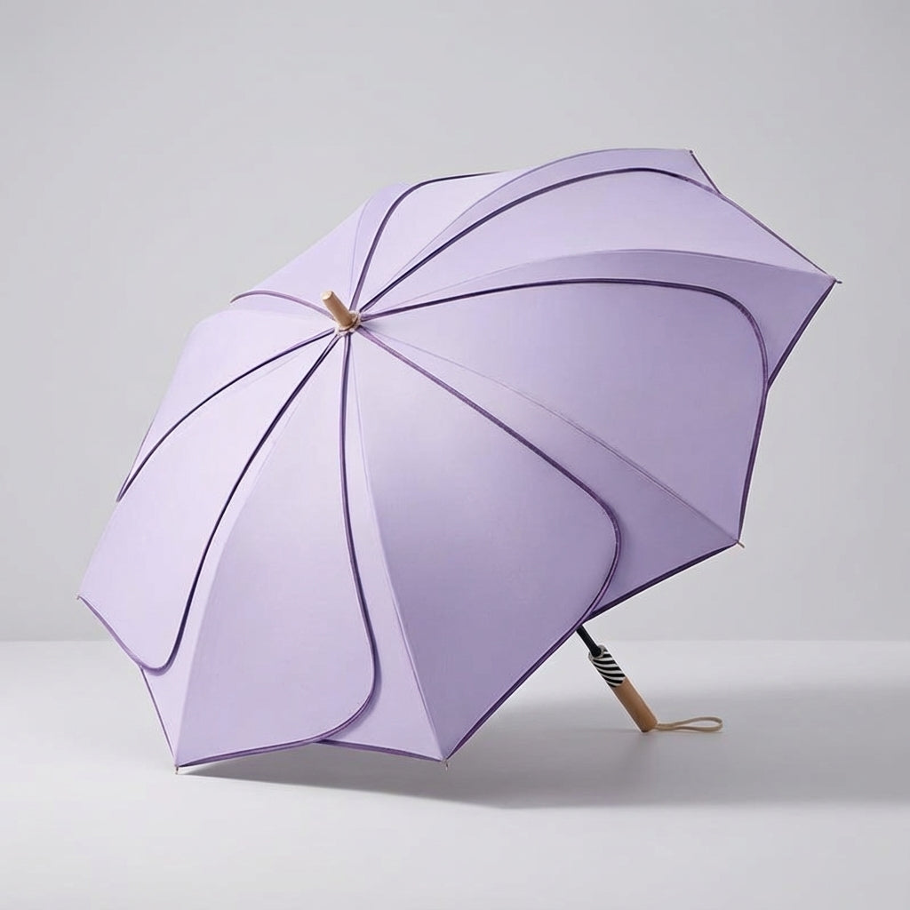 MEELANO Dameparaply med Blomsterform – Foldbar Paraply med Træhåndtag, UV-resistent & Vandafvisende Belægning, 100 cm – 6 Farver Lilla