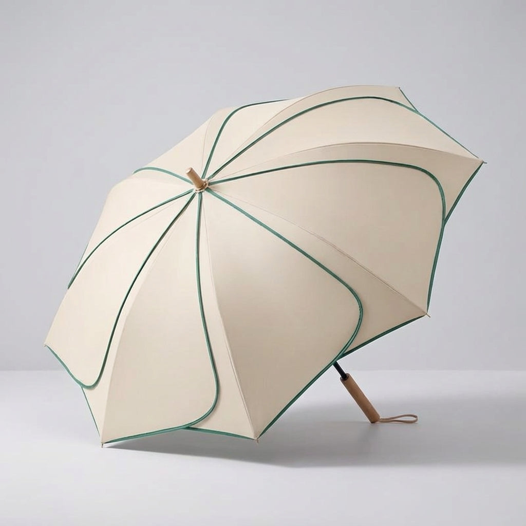 MEELANO Dameparaply med Blomsterform – Foldbar Paraply med Træhåndtag, UV-resistent & Vandafvisende Belægning, 100 cm – 6 Farver Natur