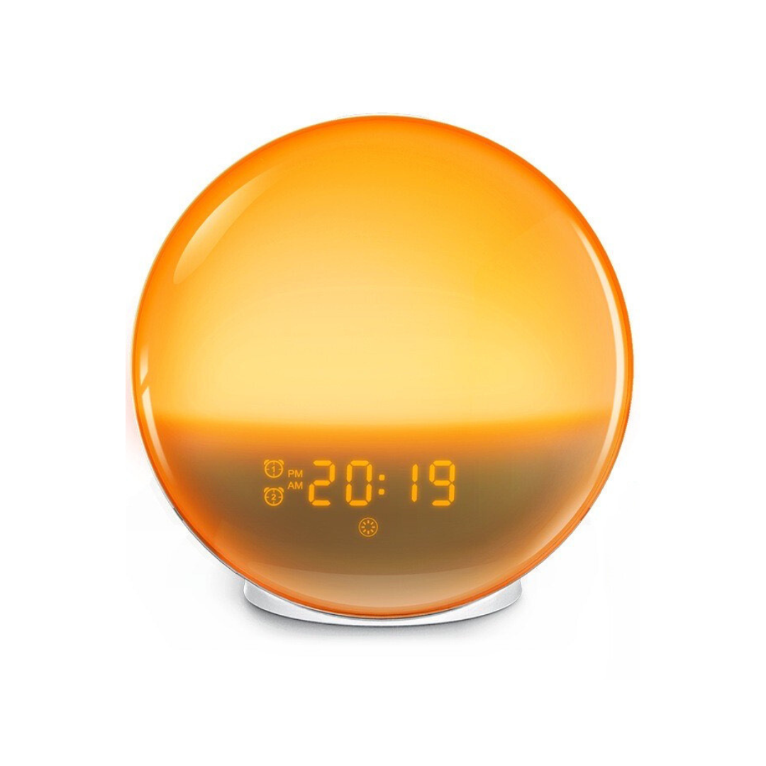 MEELANO Clockradio med Wake-up Light – Lysvækkeur med Solopgang & Solnedgang, Rolige Lyde, LED-display – GlowRise