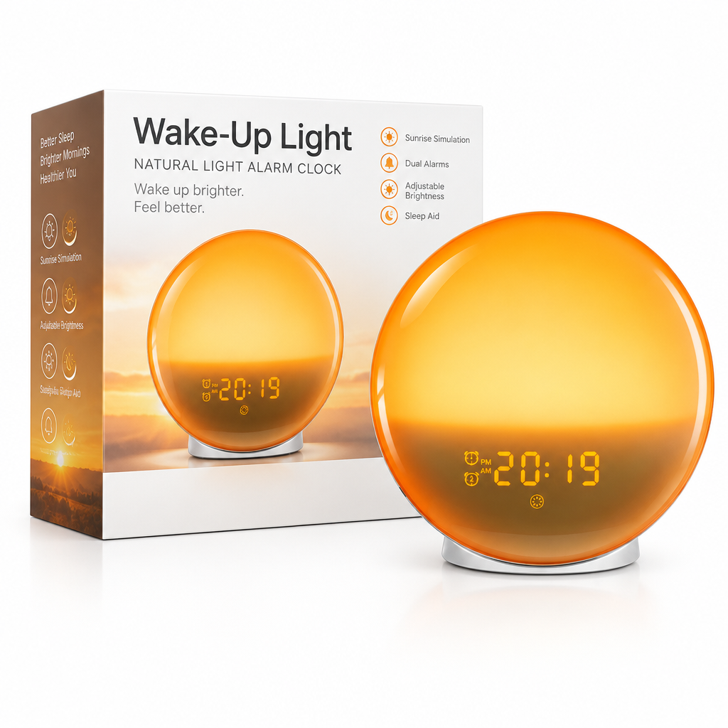 MEELANO Clockradio med Wake-up Light – Lysvækkeur med Solopgang & Solnedgang, Rolige Lyde, LED-display – GlowRise