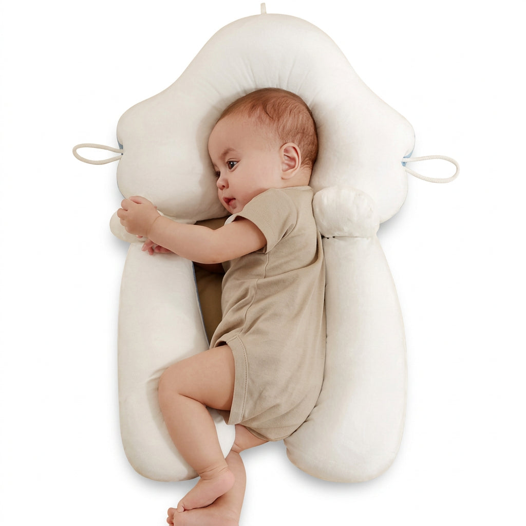 MEELANO Ergonomisk Babypude med Justerbar Støtte – Vendbar Komfortpude 65 × 42 cm, Maskinvaskbar – 0-12 Måneder (Kun Under Opsyn) Hvid og lyserød