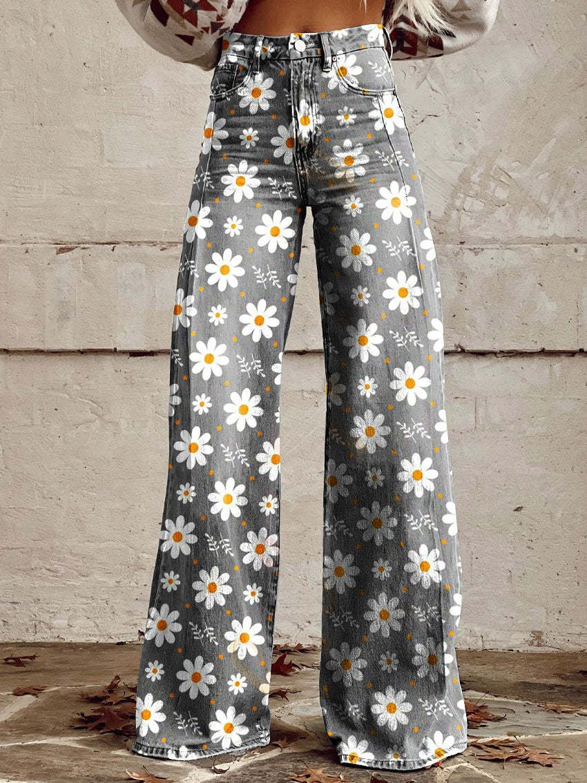 MEELANO Kvinder Farverige Vintage Viskosebukser Med Print Til Hvide blomster