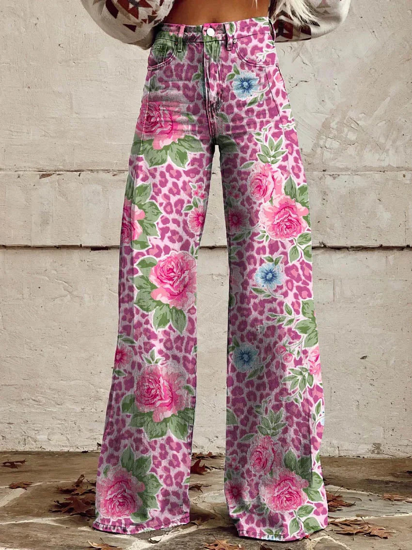 MEELANO Kvinder Farverige Vintage Viskosebukser Med Print Til Lyserøde blomster