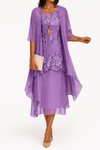 MEELANO Zahara | Damekjole med rund hals og 3/4 ærmer til bryllupsgæster | Blomstermønster & Midi violet