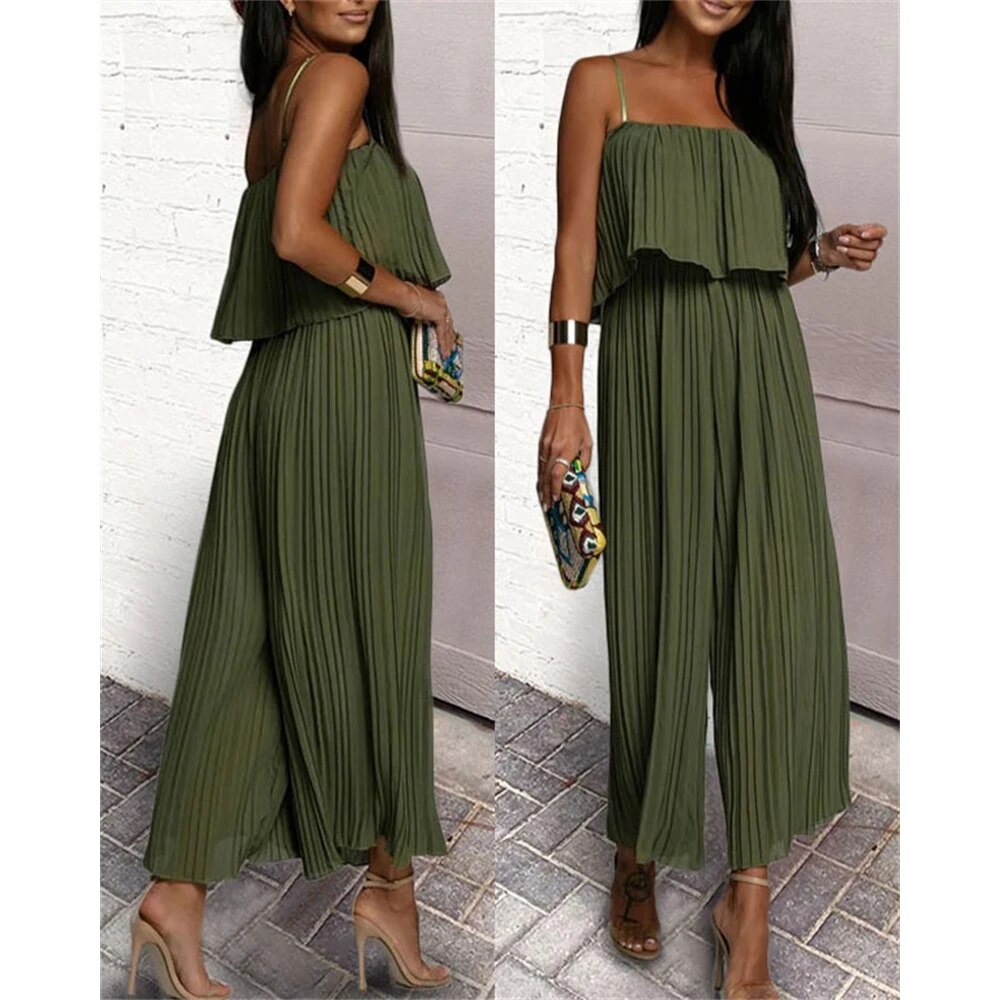 MEELANO Ærmeløs Plissé Jumpsuit Til Kvinder Elegant Og Komfort - Overall Khaki