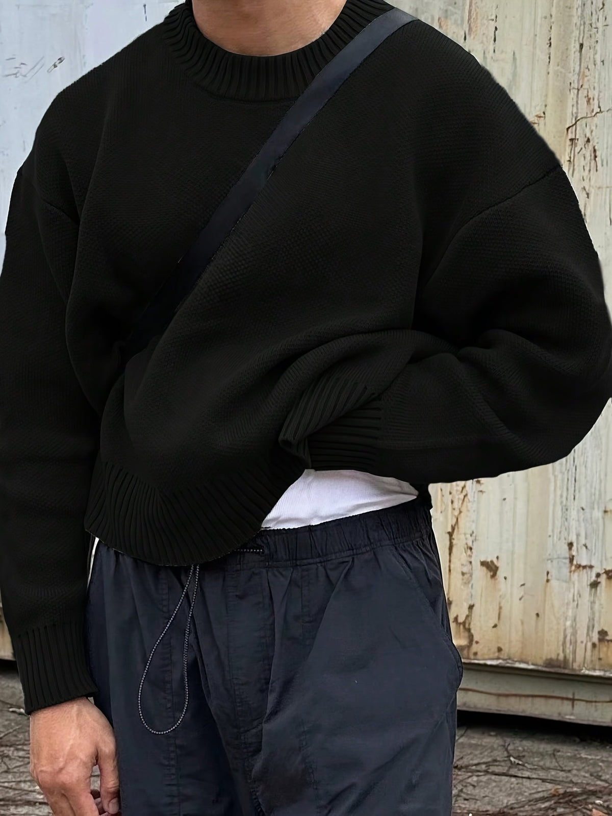 MEELANO Herre Langærmet Sweater med Rund Hals og Ribstrik – Boxy Striktrøje med Drop-skulder, 5 Farver, XS–XL – Mane Sort