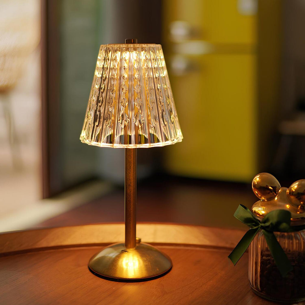 Gylden Krystal Bordlampe – Trådløs Genopladelig Touch-lampe med Krystalskærm, Dæmpbar, Børstet Aluminium – Aurora Luxe