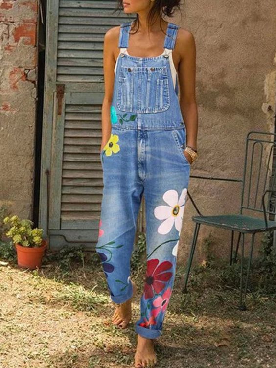 MEELANO Ærmeløs Denim-overall med Håndlavede Blomstermotiver – Retro Komfort & Kreativt Design Lys blå