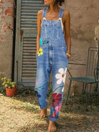 MEELANO Dame Ærmeløs Denim-Overall Med Blomstermotiver Lyseblå