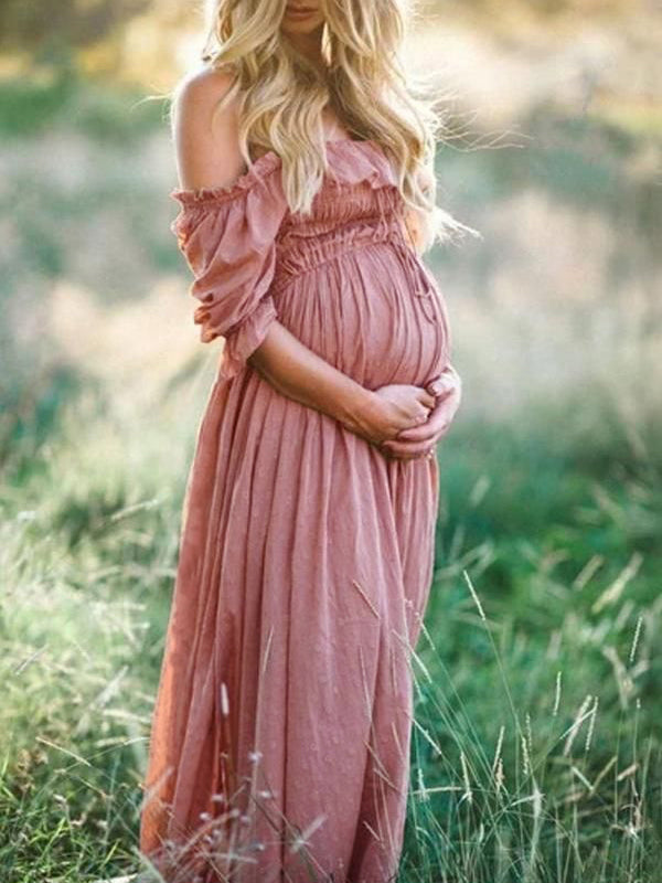 MEELANO Boho Chic Graviditetskjole med Bådhals – Off-Shoulder Gravid Kjole, Midi, Pink, S–2XL – Flōre Pink
