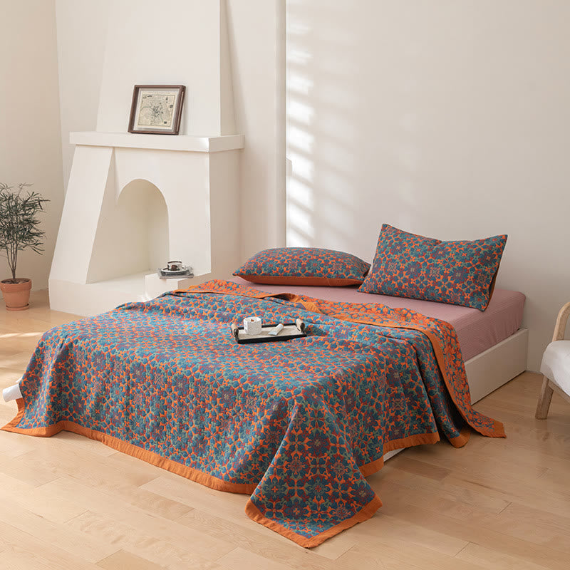 MEELANO Orange & Blå Mønster Seks Lag Bomulds Quilt 2PCS Pudebetræk 19" x 29"