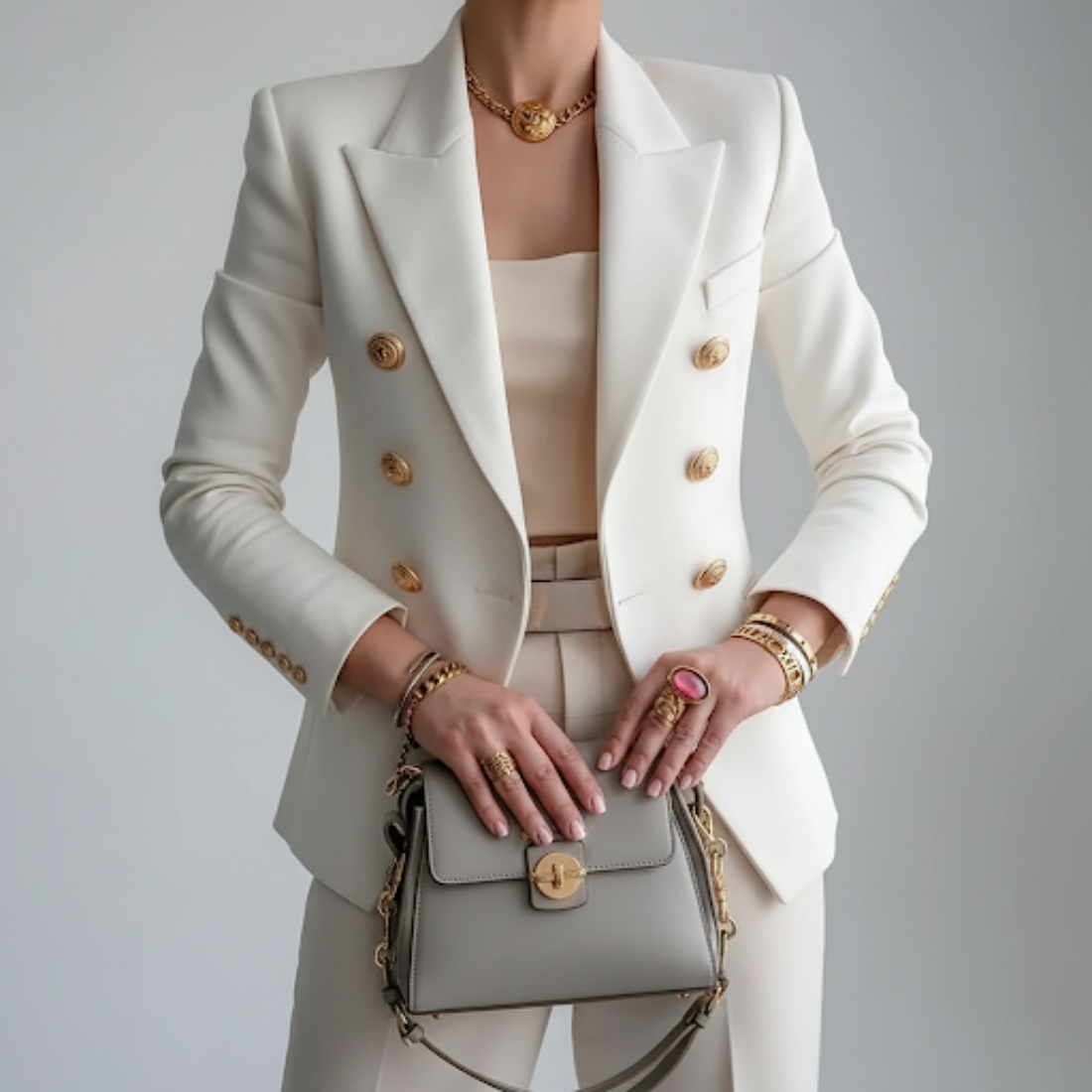 MEELANO Luna | Dame Dobbeltradet Blazer med Knapper - Elegant Langærmet Habitjakke Hvid