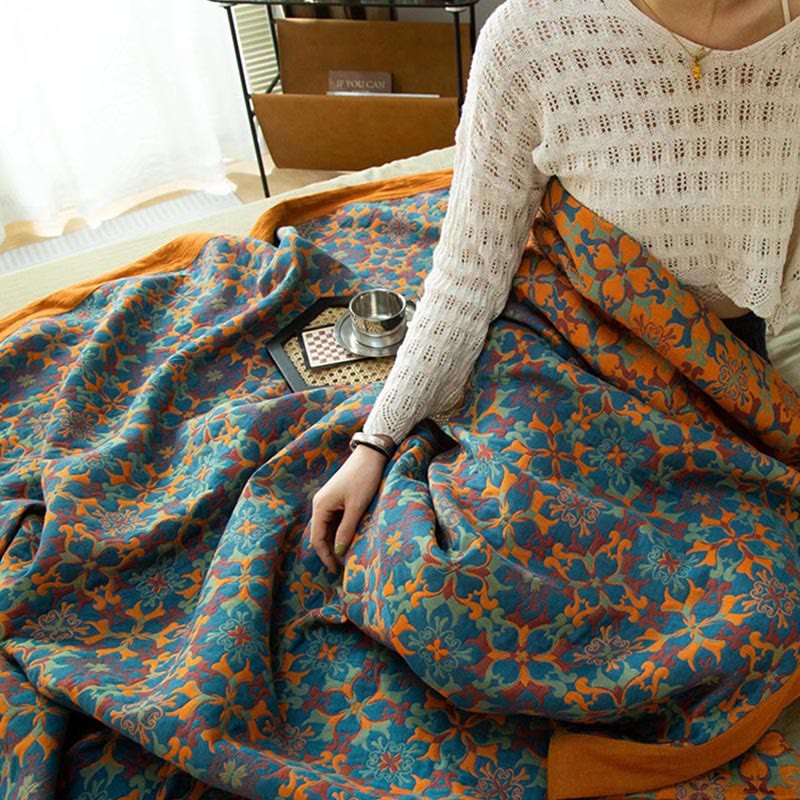 MEELANO Orange & Blå Mønster Seks Lag Bomulds Quilt