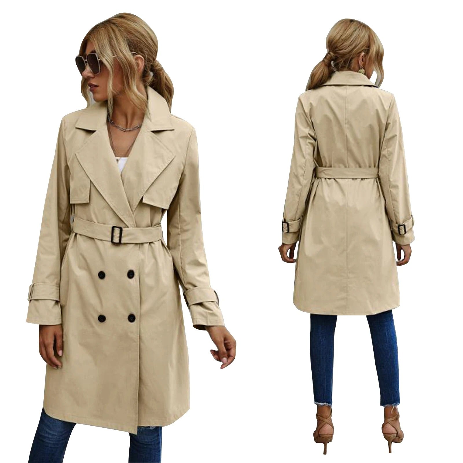 MEELANO Dame Knælængde Trenchcoat til Kvinder Casual Stilfuld Khaki