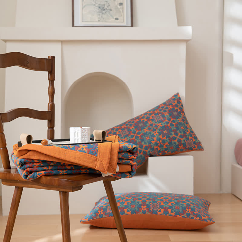 MEELANO Orange & Blå Mønster Seks Lag Bomulds Quilt