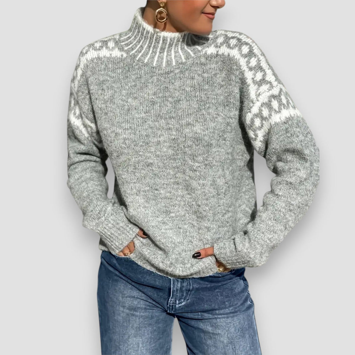 Sephira | Dame Sweater med Mønstrede Skuldre - Langærmet Strik Pullover