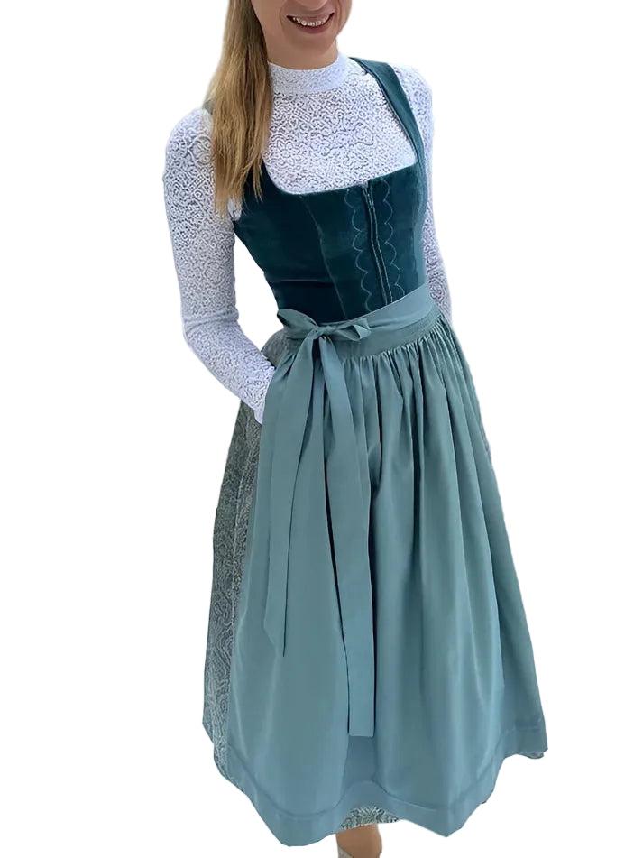 Traditionel Midi Dirndl-kjole til Kvinder med Forklæde – Lysegrøn Dirndl med Plisseret Nederdel, Oktoberfest, S–2XL – Zahara
