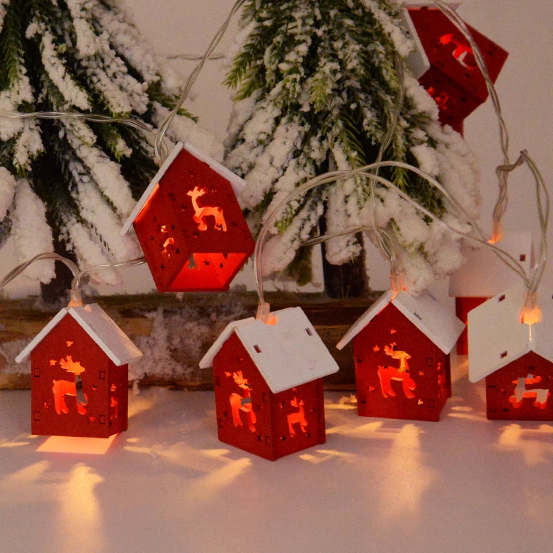 MEELANO Julehuse i Træ med LED-lys – Oplyste Træhuse som Juletræspynt, Rød eller Hvid – GlowHouse