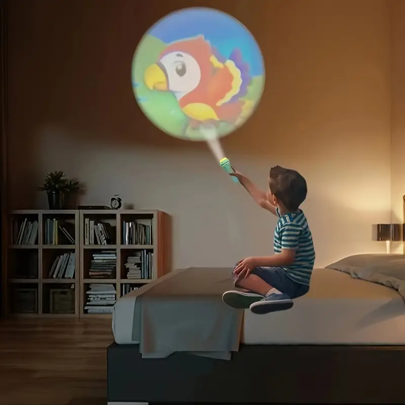 MEELANO Projektorlommelygte til Børn – Godnatlampe med 32 Billedskiver til Godnathistorie, Projektor til Loftet, 4 Farver – DreamBeam