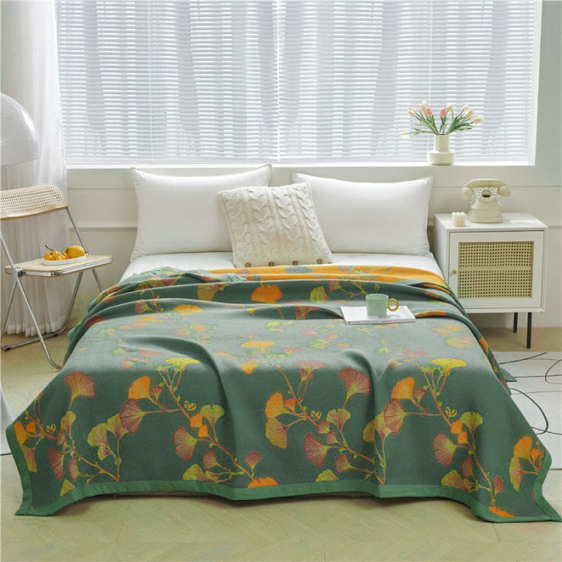 MEELANO Ginkgo Blade Jacquard Bomulds Vendbart Quilt