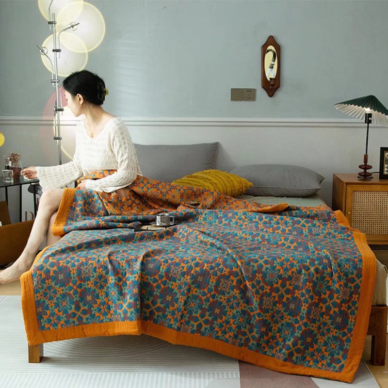 MEELANO Orange & Blå Mønster Seks Lag Bomulds Quilt Quilt