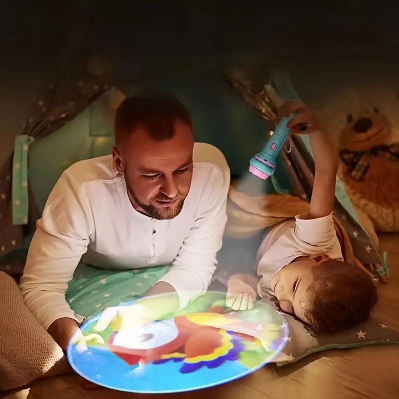 MEELANO Projektorlommelygte til Børn – Godnatlampe med 32 Billedskiver til Godnathistorie, Projektor til Loftet, 4 Farver – DreamBeam