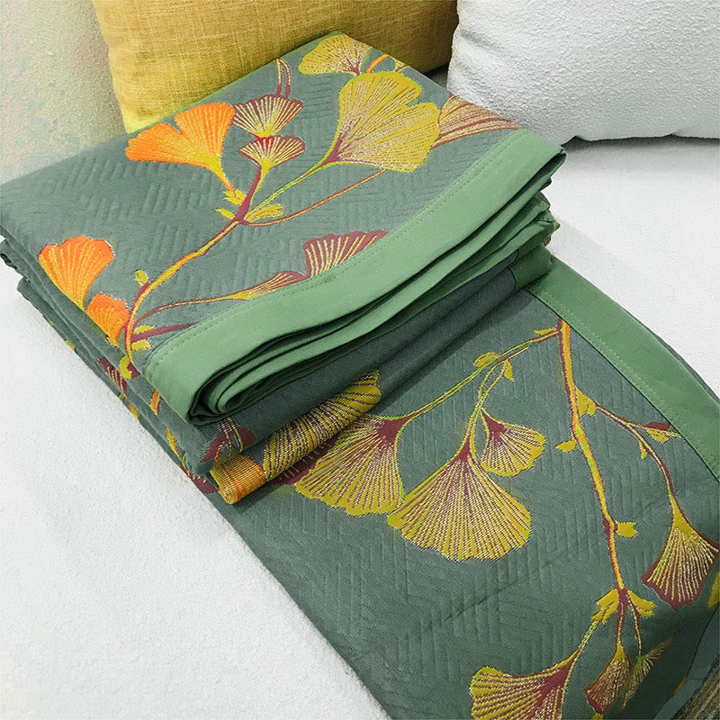 MEELANO Ginkgo Blade Jacquard Bomulds Vendbart Quilt