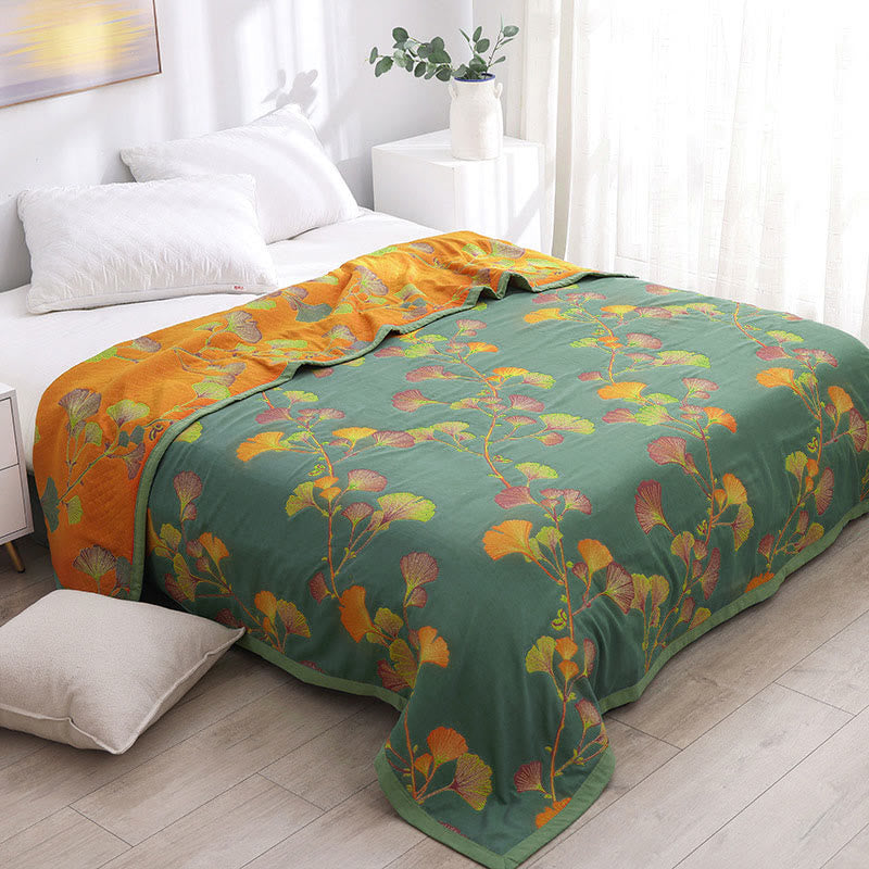 MEELANO Ginkgo Blade Jacquard Bomulds Vendbart Quilt Grøn & Orange