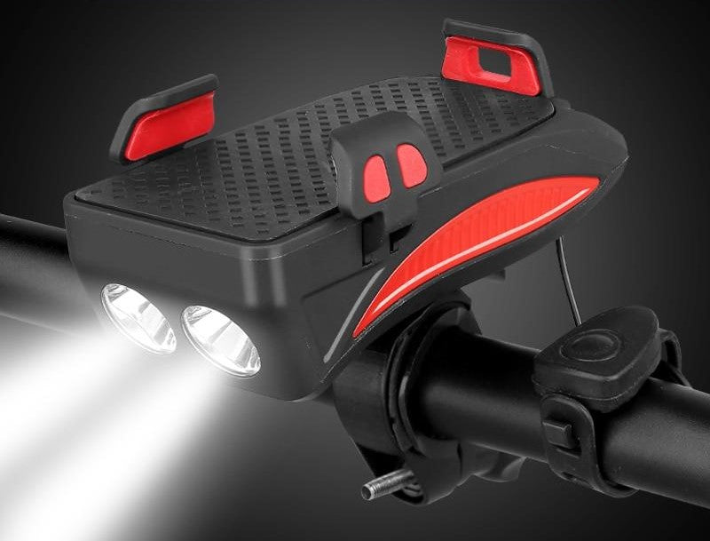 MEELANO 4-i-1 Cykelgadget – Mobilholder til Cykel med Powerbank, LED Cykellygte og Horn, 4000 mAh, 4 Farver Rød