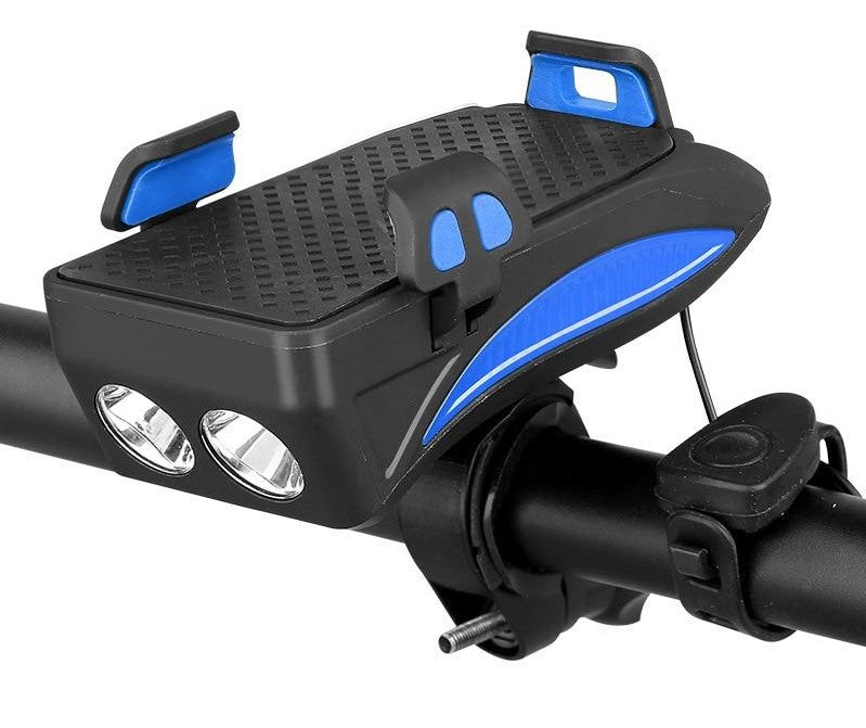 MEELANO 4-i-1 Cykelgadget – Mobilholder til Cykel med Powerbank, LED Cykellygte og Horn, 4000 mAh, 4 Farver Blå