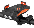 MEELANO 4-i-1 Cykelgadget – Mobilholder til Cykel med Powerbank, LED Cykellygte og Horn, 4000 mAh, 4 Farver Orange